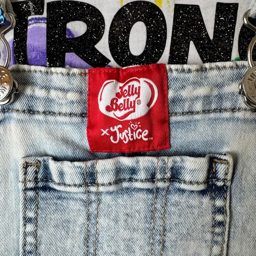Vintage Justice Overalls & T-Shirt Jelly Belly Girls Size 7 Retro Rainbow Shorts
